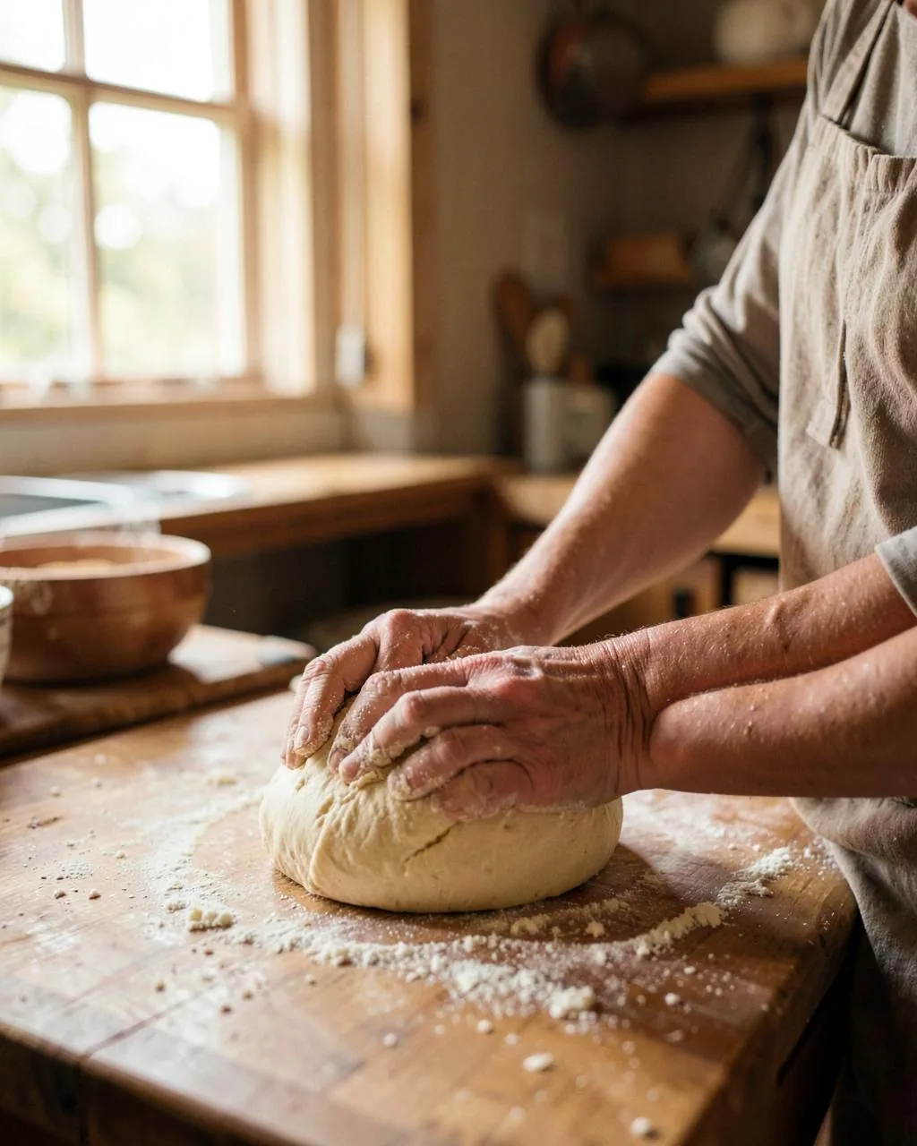 Hands kneading dough on a floured wooden counter in a warm home bakery kitchen