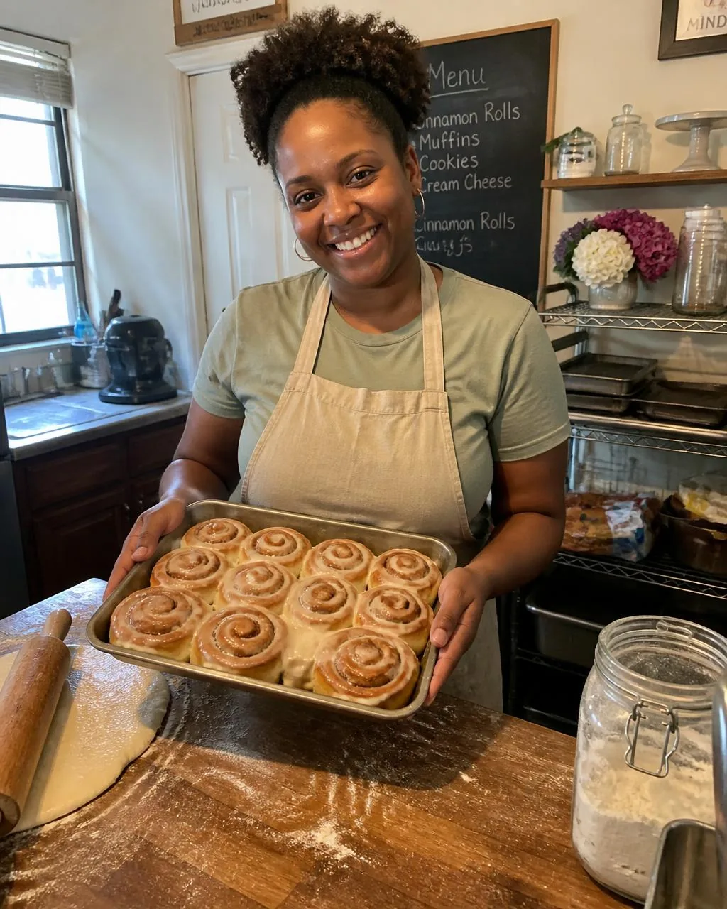 Myshai Penn, owner and head baker at Sugar N Shai, holding a tray of cinnamon rolls